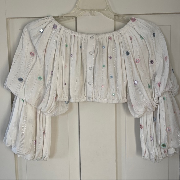 Rococo Sand Embellished Plissé Cropped Top Off White Size XS - Picture 4 of 13